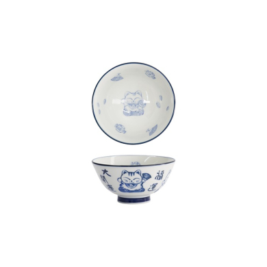 Tokyo Design Studio Reisschale Kawaii Lucky Cat Blau/Weiß, Porzellan, Ø 11,5 × 6 cm, 300 ml
