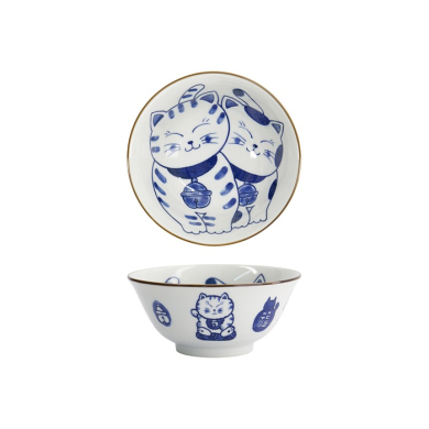 Tokyo Design Studio Tayo Bowl Kawaii Cat Neko Blue (Blue/White), Porcelain, Ø 14.9 × 6.7 cm, 500 ml