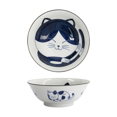 Tokyo Design Studio Ramen Bowl Kawaii Cat Neko Blue (Blue/White), Porcelain, Ø 19.7 × 7.5 cm, 1 l