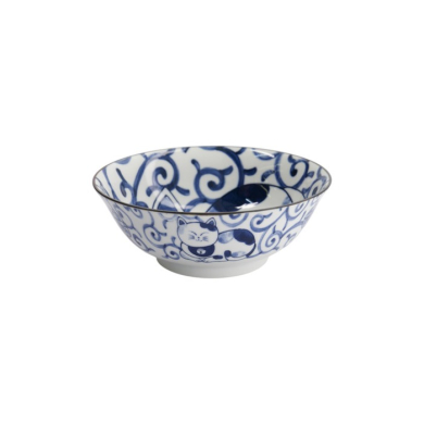 Ramen Bowl Kawaii Cat Neko Blue (Blue/White), Porcelain, Ø 19.7 × 7.5 cm, 1 l, Item No. 33418