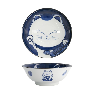 Tokyo Design Studio Ramen Bowl Kawaii Cat Neko Blue (Blue/White), Porcelain, Ø 19.7 × 7.5 cm, 1 l