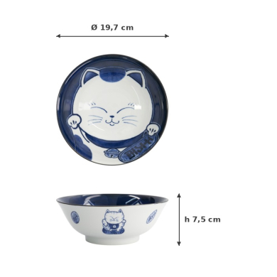 Ramen Bowl Kawaii Cat Neko Blue (Blue/White), Porcelain, Ø 19.7 × 7.5 cm, 1 l, Item No. 33419