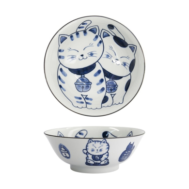 Tokyo Design Studio Ramenschale Kawaii Cat Neko Blau (Blau/Weiß), Porzellan, Ø 19,7 × 7,5 cm, 1 l