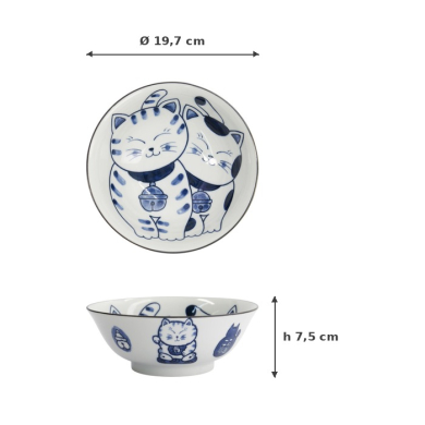 Ramenschale Kawaii Cat Neko Blau (Blau/Weiß), Porzellan, Ø 19,7 × 7,5 cm, 1 l, Art.-Nr. 33420