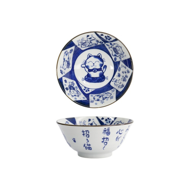 Tokyo Design Studio Tayo Bowl Kawaii Cat Neko Blue (Blue/White), Porcelain, Ø 14.9 × 6.7 cm, 500 ml
