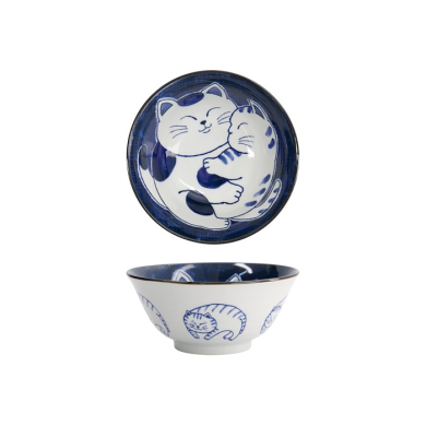 Tokyo Design Studio Tayo Bowl Kawaii Cat Neko Blue (Blue/White), Porcelain, Ø 14.9 × 6.7 cm, 500 ml