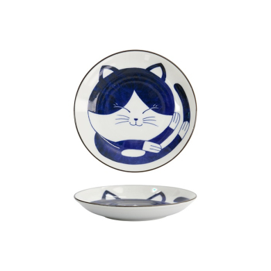 Tokyo Design Studio Plate Kawaii Cat Neko Blue/White, Porcelain, Ø 16.7 × 2.8 cm