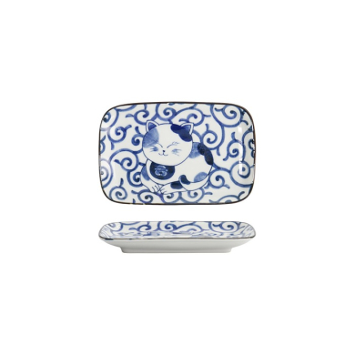 Tokyo Design Studio Rectangular Plate Kawaii Cat Neko E Blue/White, Porcelain, 16.3 × 10.2 cm