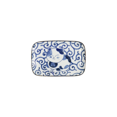 Rectangular Plate Kawaii Cat Neko E Blue/White, Porcelain, 16.3 × 10.2 cm, Item No. 33498