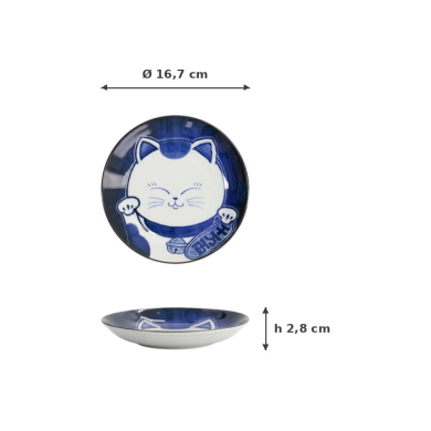 Plate Kawaii Cat Neko Blue/White, Porcelain, Ø 16.7 × 2.8 cm, Item No. 33500