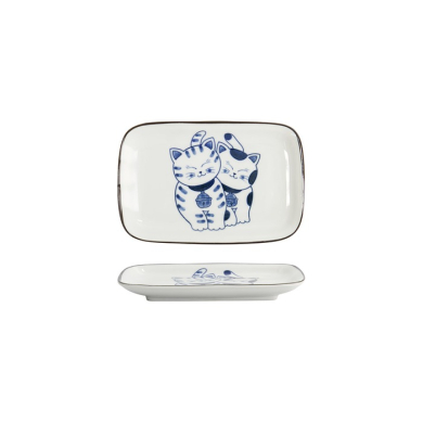 Tokyo Design Studio Rectangular Plate Kawaii Cat Neko G Blue/White, Porcelain, 16.3 × 10.2 cm