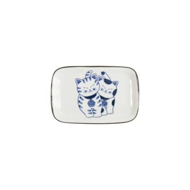 Rectangular Plate Kawaii Cat Neko G Blue/White, Porcelain, 16.3 × 10.2 cm, Item No. 33504