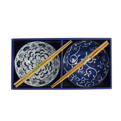 TDS, Tayo Bowl Gift set, 2 Pcs w/Chopsticks, Tokyo Blue, Ø 15x7cm 500ml, Item No. 33744