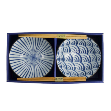 TDS, Tayo Bowl Giftset, Natsu,  2 Pcs w/Chopsticks, Blue/White, Ø 15.5x7cm 500ml, Item No. 33780
