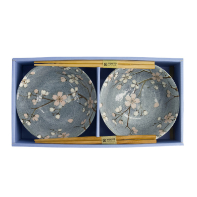 TDS, Tayo Bowl Giftset, 2 Pcs w/Chopsticks, Fujisakura, Grey, Ø 15.5x7cm 500ml, Item No. 33782
