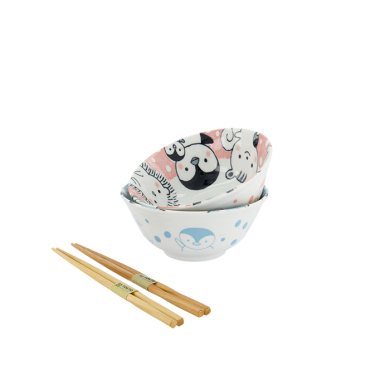 TDS, Tayo Schalen Set, Kawaii Cat Geschenkset, 2Stk mit Essstäbchen, Blau/Rosa, Ø 15.5x7cm 500ml, Art.-Nr. 33786