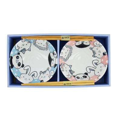TDS, Tayo Schalen Set, Kawaii Cat Geschenkset, 2Stk mit Essstäbchen, Blau/Rosa, Ø 15.5x7cm 500ml, Art.-Nr. 33786