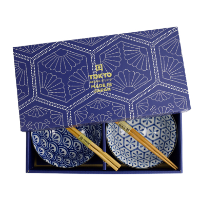 TDS, Mixed Tayo Schale Geschenkset mit Essstäbchen, 2 Stk, Blue/White, Ø 15x7cm 500ml , Art.-Nr. 33814