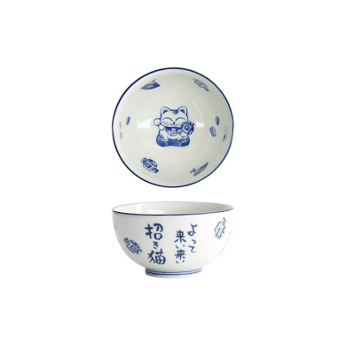 Tokyo Design Studio Schale Kawaii Lucky Cat Okonomi Blau/Weiß, Porzellan, Ø 13 × 7,2 cm, 500 ml