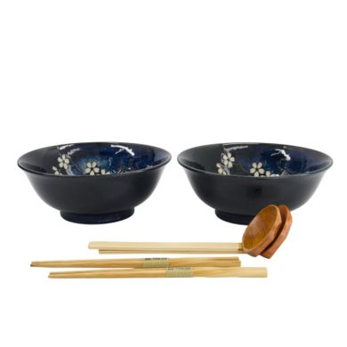Ramen Bowl Gift Set Cobalt Blue Sakura, Porcelain, Ø 20.5 × 8 cm, 1.2 l, Item No. 33937