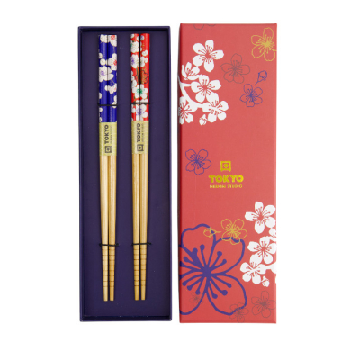 TDS, Chopstick Set, Red & Blue Flower, 2 pair, 22,5 cm, Item No. 4236