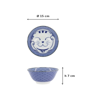 Tayo Bowl Kawaii Lucky Cat Neko Seikaiha-Neko Blue, Porcelain, Ø 15 × 7 cm, 550 ml, Item No. 617607