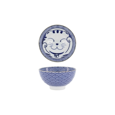 Tokyo Design Studio Reisschale Kawaii Lucky Cat Neko Seikaiha-Neko Blue, Porzellan, Ø 12 × 6,3 cm