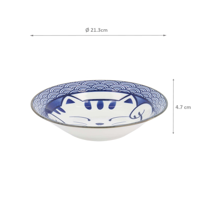 TDS, Pasta Plate, Kawaii Lucky Cat Neko, Ø 21.3 x 4.7 cm, Seikaiha-Neko Blue, Item No. 617638