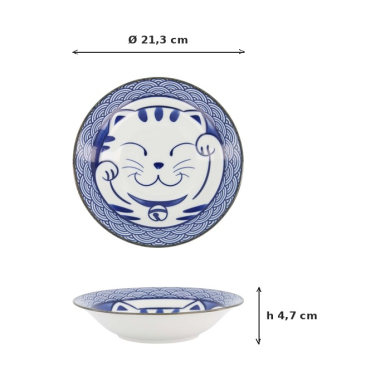 Pastateller Kawaii Lucky Cat Neko Seikaiha-Neko Blue, Porzellan, Ø 21,3 × 4,7 cm, Art.-Nr. 617638