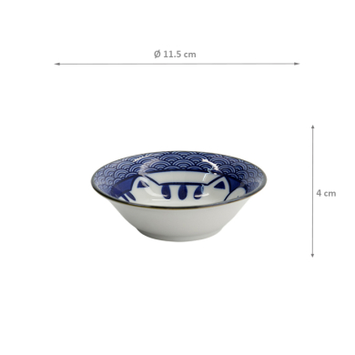 TDS, Sauce Bowl, Kawaii Lucky Cat Neko, Seikaiha-Neko Blue, Ø 11.5 x 4 cm - Item No. 617645