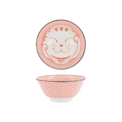Tokyo Design Studio Tayo Bowl Kawaii Lucky Cat Neko Seikaiha-Neko Red, Porcelain, Ø 15 × 7 cm, 550 ml