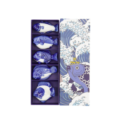 Essstäbchenablagen-Set Kawaii Fish Blau/Weiß, 5-tlg., Porzellan, Art.-Nr. 618109