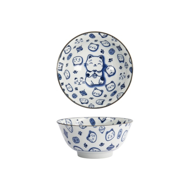 Tokyo Design Studio Reisschale Kawaii Lucky Cat Neko Blau (Weiß/Blau), Porzellan, Ø 14,8 × 7 cm, 500 ml