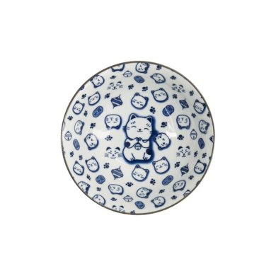 Ramen Bowl Kawaii Lucky Cat Neko Blue/White, Porcelain, Ø 19.5 × 7.4 cm, 1 l, Item No. 16125