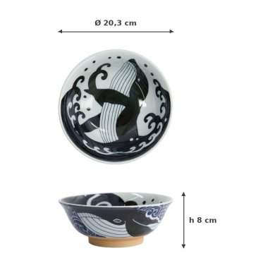 Ramen Bowl Kawaii Ohira Whale Blue/White, Porcelain, Ø 20.3 × 8 cm, 800 ml, Item No. 18331