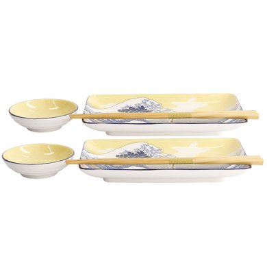 TDS, Sushi Plate Giftset Set, Kawaii Hokusai, 4-piece set with Chopsticks Blue, Item No. 21679