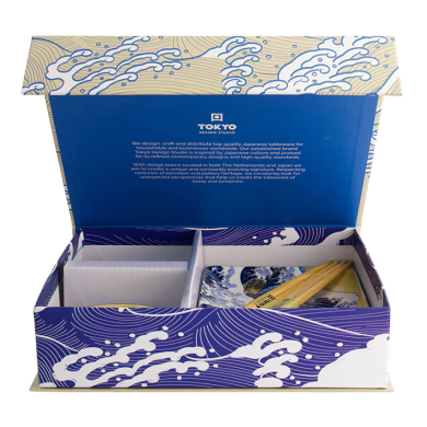 TDS, Sushi Plate Giftset Set, Kawaii Hokusai, 4-piece set with Chopsticks Blue, Item No. 21679