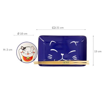4 w/Chopsticks Blue Kawaii Lucky Cat  Sushi Plate Giftset Set at g-HoReCa (picture 6 of 6)