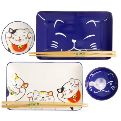 Sushi-Set Kawaii Lucky Cat Weiß/Blau, 6-tlg., Porzellan, Art.-Nr. 21691