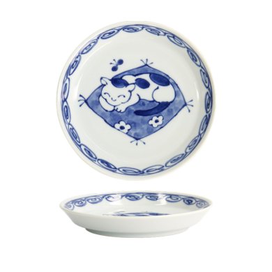 Tokyo Design Studio Plate Neko Maruke Cat Blue/White, Porcelain, Ø 14.3 × 2.1 cm