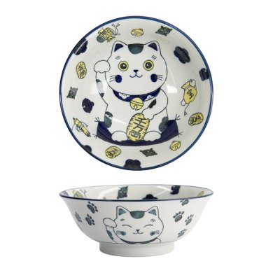 Tokyo Design Studio Ramen Bowl Kawaii Lucky Cat Neko Blue, Porcelain, Ø 20.8 × 8 cm, 1 l