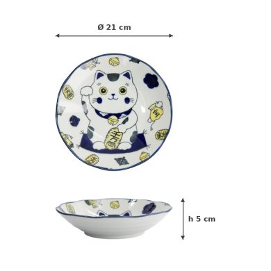 Pasta Plate Kawaii Lucky Cat Neko Blue, Porcelain, Ø 21 × 5 cm, Item No. 33012