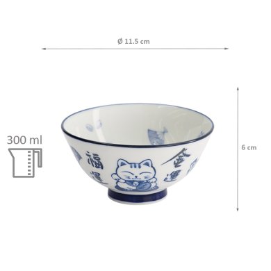 TDS, Rice Bowl, Kawaii, Lucky Cat, Blue/White, Ø 11.5x6cm 300ml, Item No. 33210