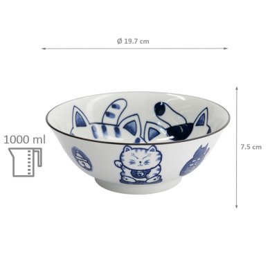 TDS, Ramen Bowl, Kawaii Cat Neko, Blue, Ø 19.7x7.5cm 1000ml, Item No. 33420