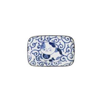 Rechteckiger Teller Kawaii Cat Neko E Blau/Weiß, Porzellan, 16,3 × 10,2 cm, Art.-Nr. 33498