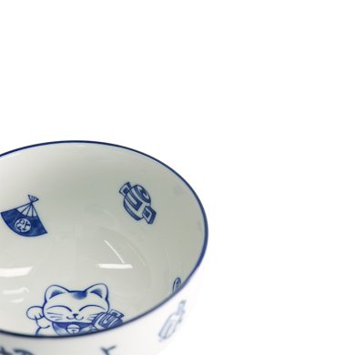 TDS, Bowl, Kawaii, Lucky Cat Okonomi, Blue/White, Ø 13x7.2cm 500ml - Item No. 33849