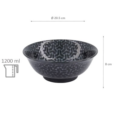 TDS, Ramen Bowl, Kuromonyo Kumi Kikko, Black, Ø 20.5x8cm 1200ml, Item No. 617928