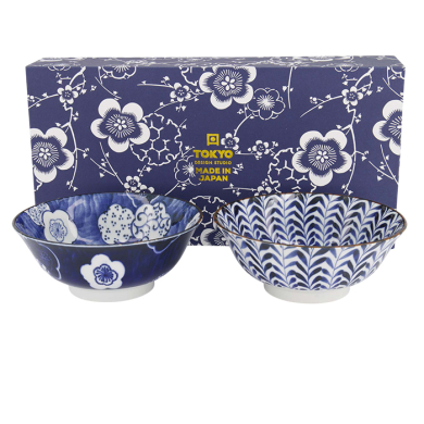 TDS, Ramen Bowl Gift Set, Mino Blue Shidare/Ume, 2 pcs., Ø 19.8x7.5cm 1000ml, Item No. 619502