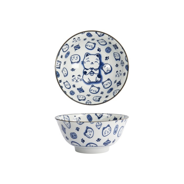 Tokyo Design Studio Rice Bowl Kawaii Lucky Cat Neko Blue (White/Blue), Porcelain, Ø 14.8 × 7 cm, 500 ml