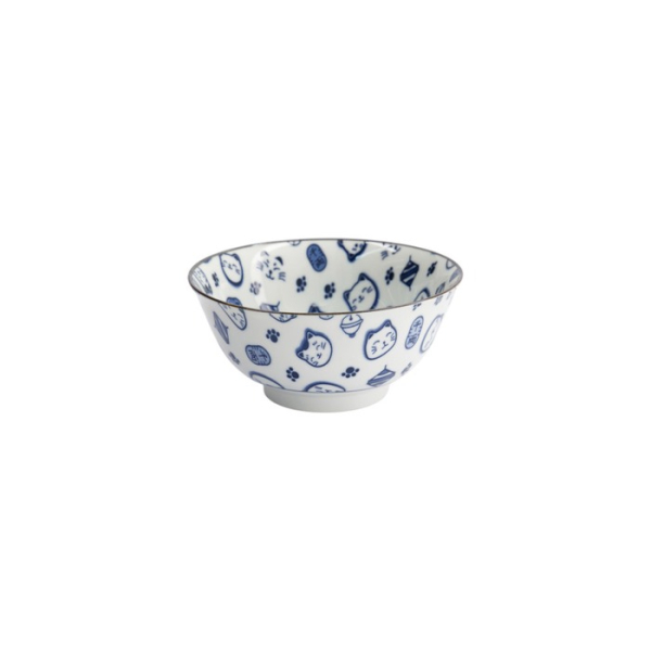 Rice Bowl Kawaii Lucky Cat Neko Blue (White/Blue), Porcelain, Ø 14.8 × 7 cm, 500 ml, Item No. 15427